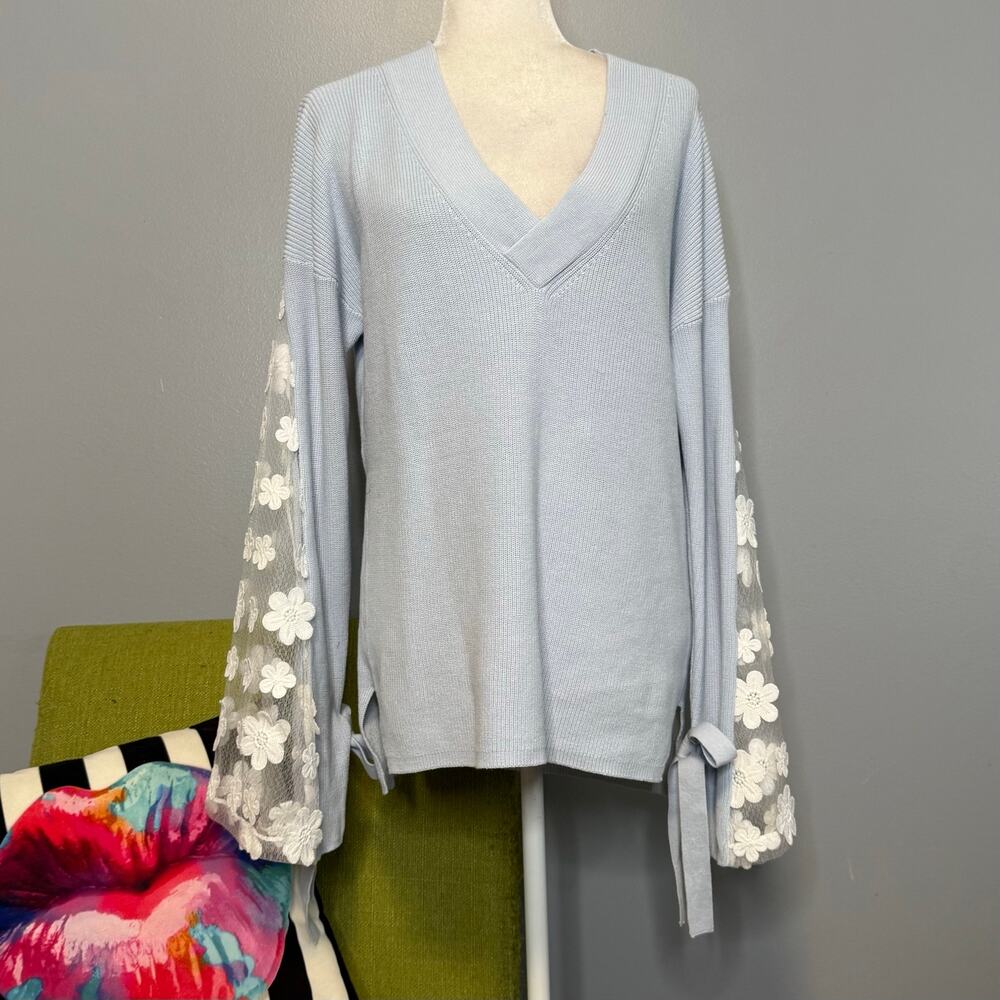 French Connection Blue Cotton Lace Bell Sleeve Pullover Sweater NEW